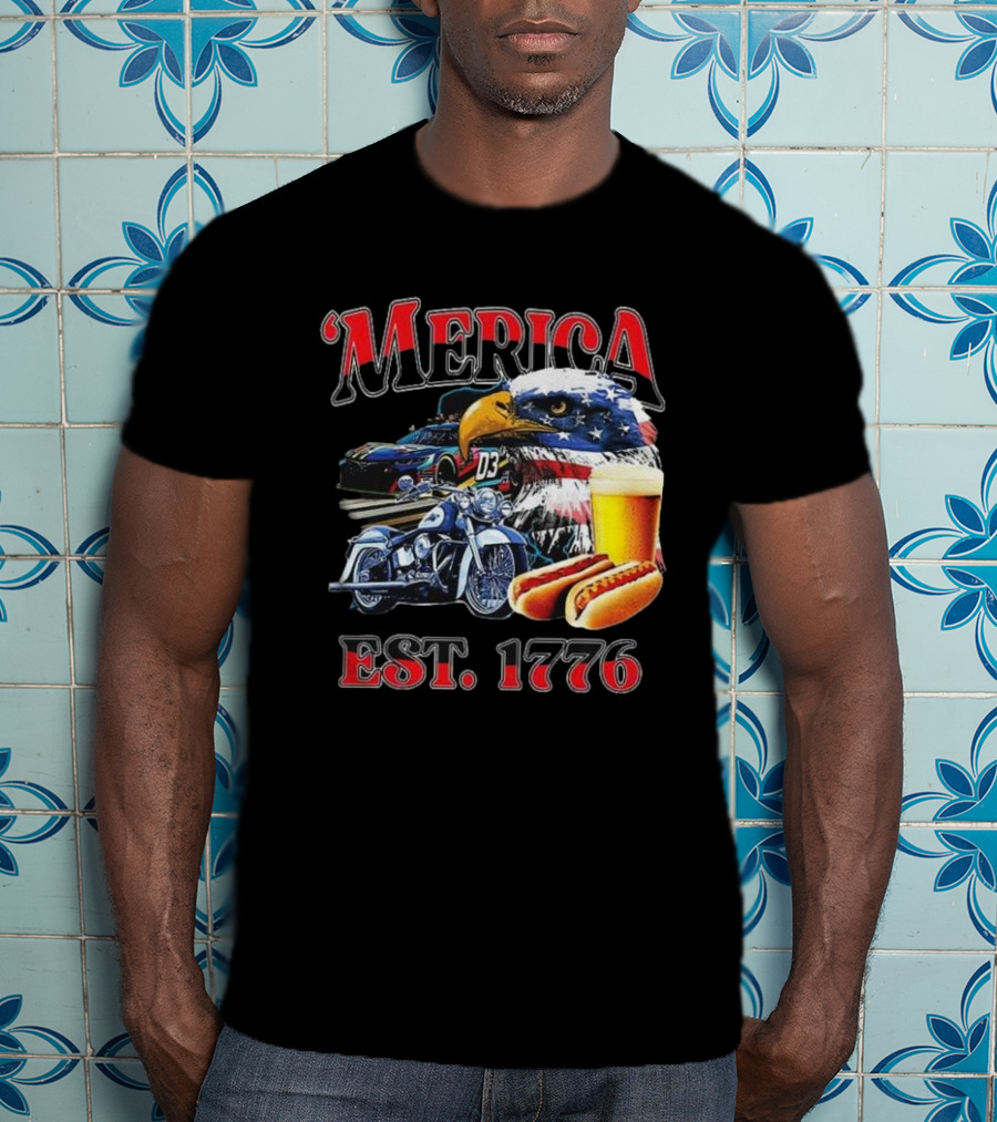 'Merica Bald Eagle Motorbike Beer Hotdogs Cars Est. 1776 T-Shirt