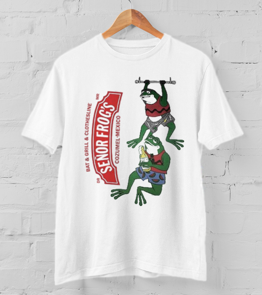 Senor Frog's Cozumel Mexico Bar And Grill Clothesline With Frogs In Striped Shirts And Shorts With Beer And Weights T-Shirt