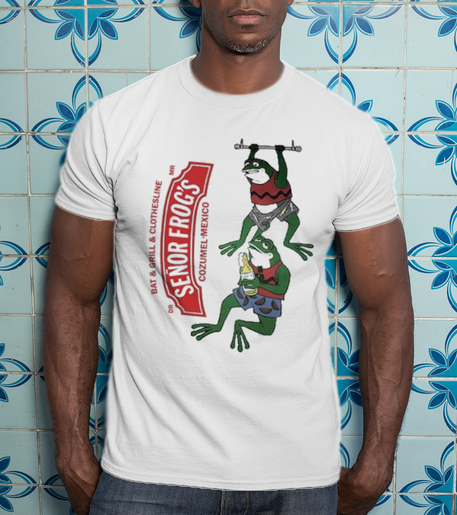 Senor Frog's Cozumel Mexico Bar And Grill Clothesline With Frogs In Striped Shirts And Shorts With Beer And Weights T-Shirt