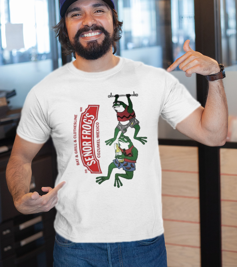 Senor Frog's Cozumel Mexico Bar And Grill Clothesline With Frogs In Striped Shirts And Shorts With Beer And Weights T-Shirt