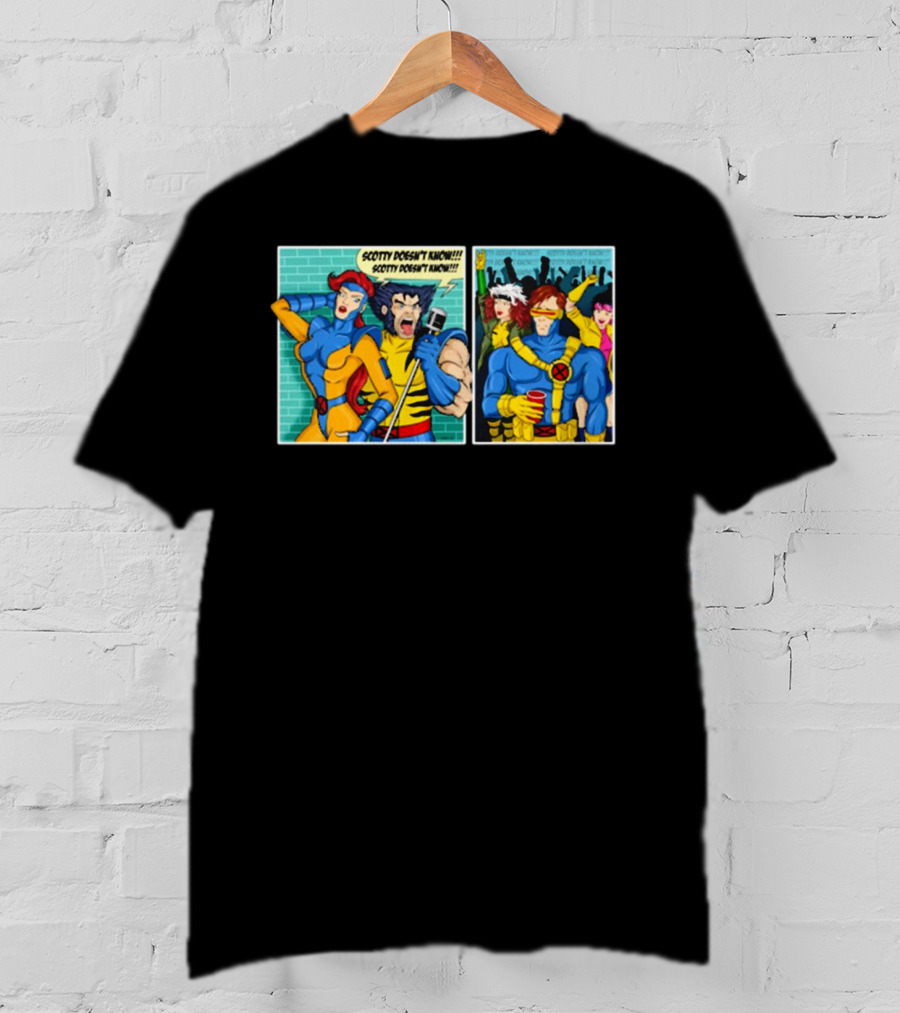 Jean Grey And Wolverine Comic Scotty Doesn’t Know Retro Cyclops Party Scene T-Shirt