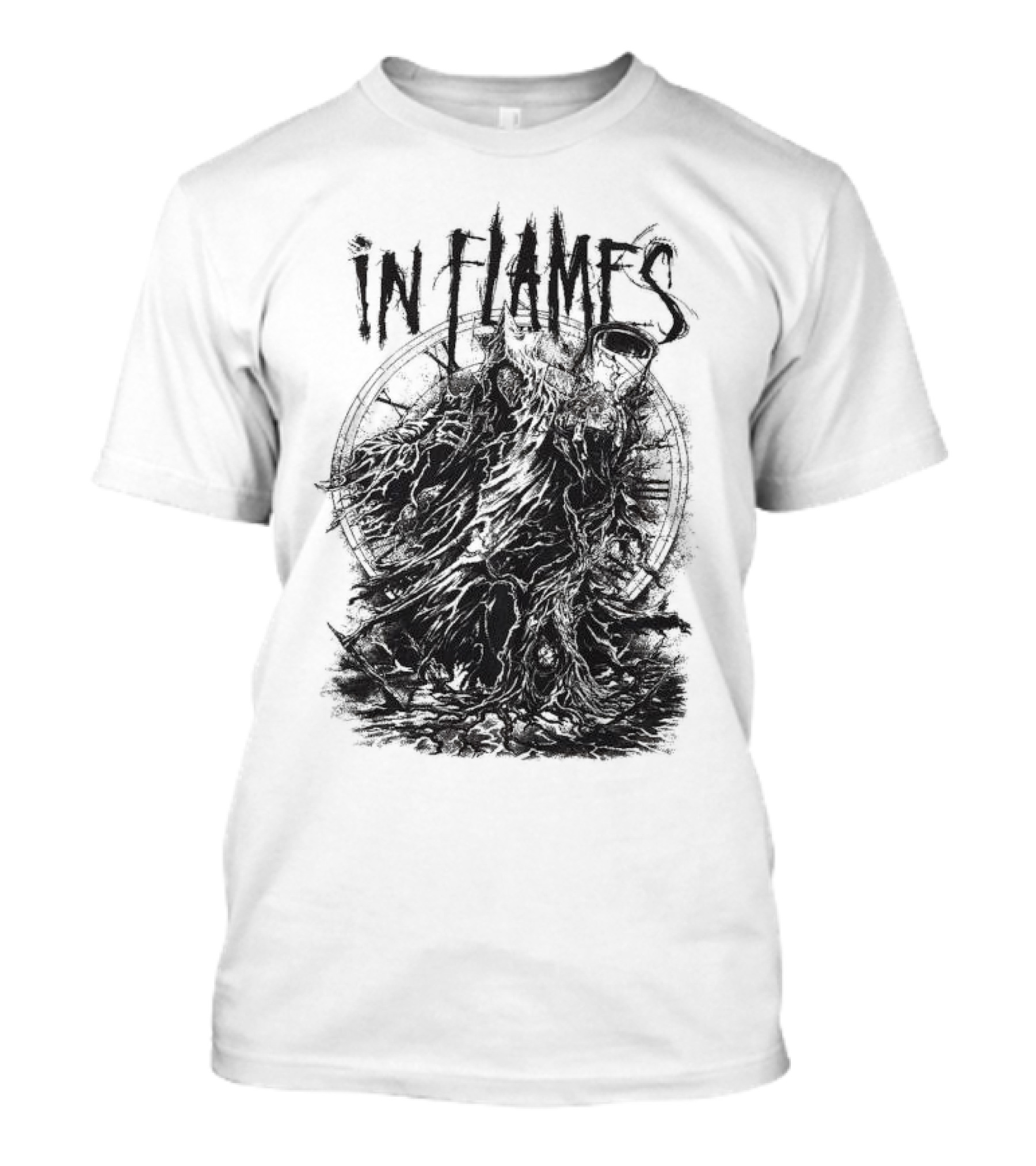 In Flames Cloaked Ghoul Dark Shrouded Figure With Clock Background T-Shirt