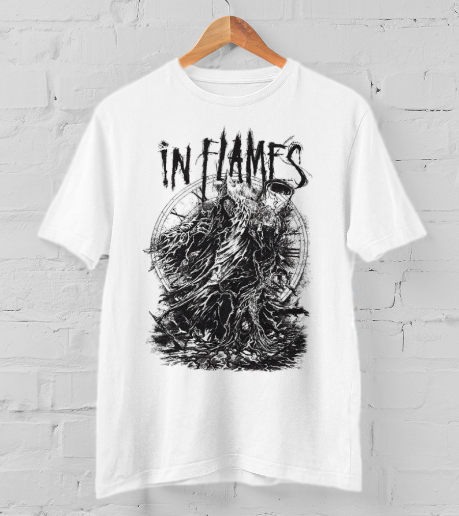 In Flames Cloaked Ghoul Dark Shrouded Figure With Clock Background T-Shirt