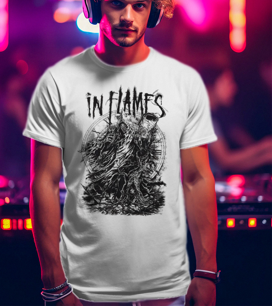 In Flames Cloaked Ghoul Dark Shrouded Figure With Clock Background T-Shirt