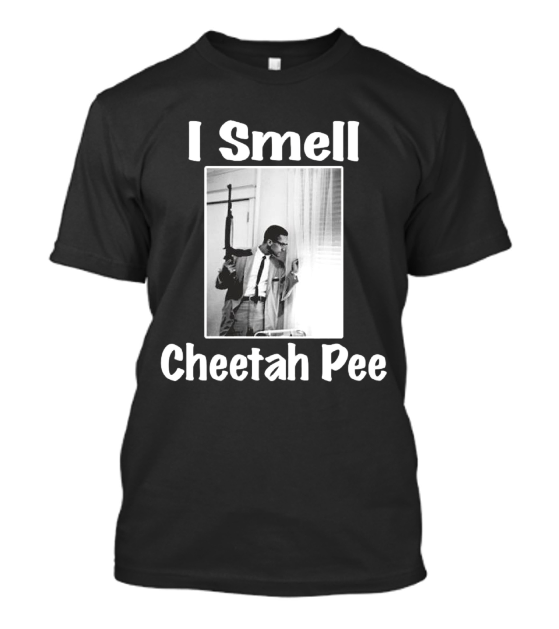 I Smell Cheetah Pee Man Holding Gun By Window T-Shirt