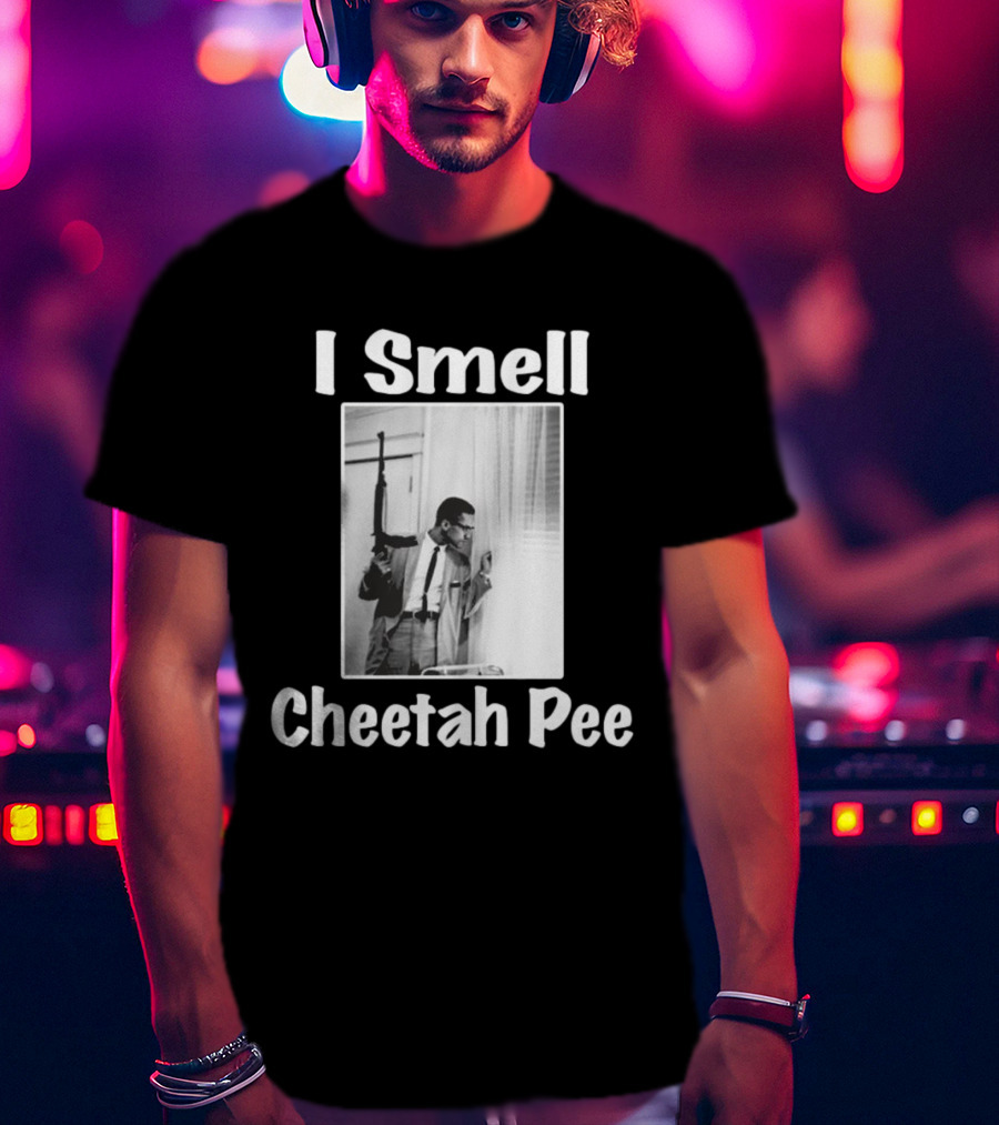 I Smell Cheetah Pee Man Holding Gun By Window T-Shirt