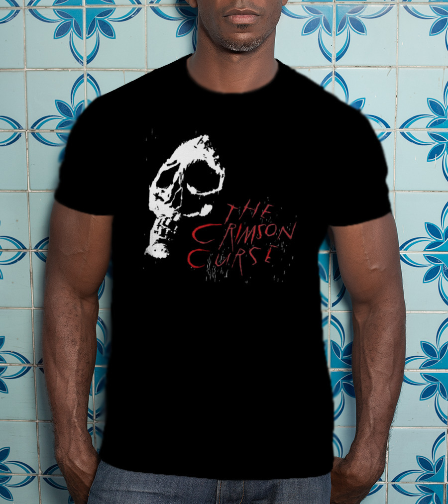 The Crimson Curse Skull White And Red Text With Skull T-Shirt