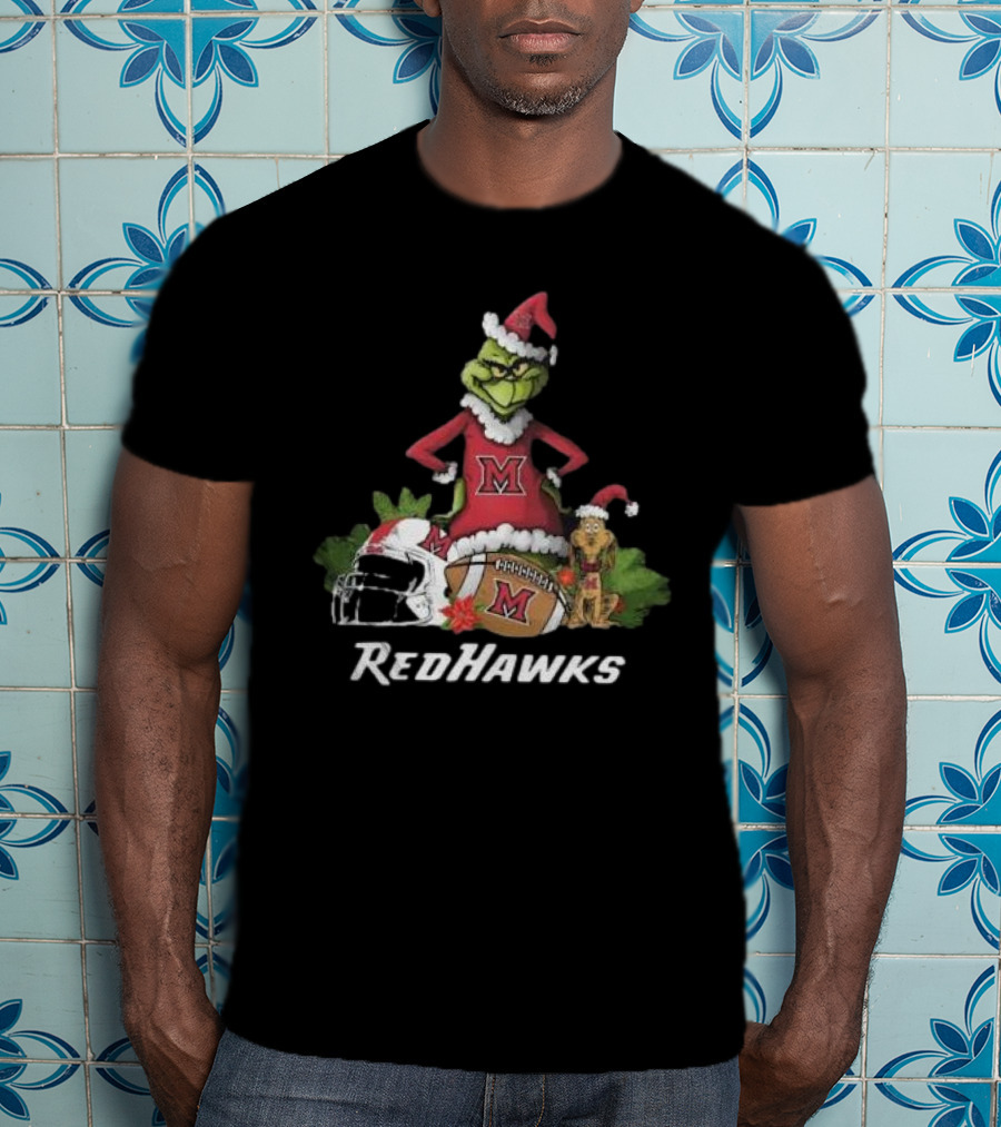 Grinch Santa And Dog With Miami RedHawks Rugby Helmet Merry Christmas T-Shirt