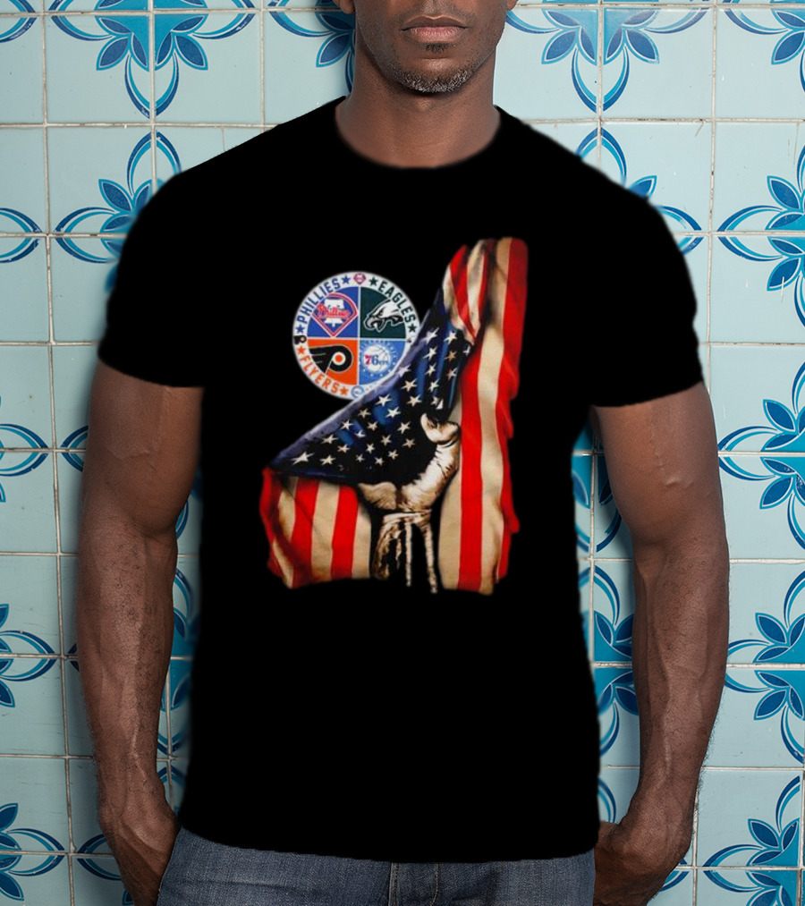 Philadelphia Phillies Eagles Flyers 76ers Hand Pulling American Flag T-Shirt