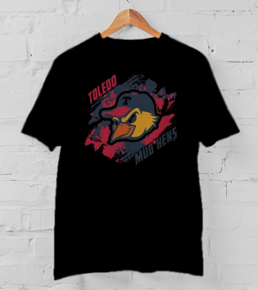 Toledo Mud Hens Baseball Team Logo With Bold Red And Blue Brushstroke Background T-Shirt