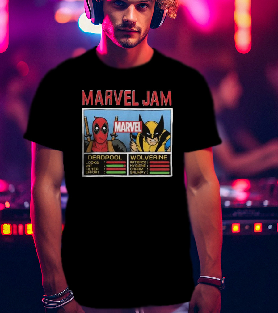 Deadpool Wolverine Marvel Jam Comic Character Stats T-Shirt