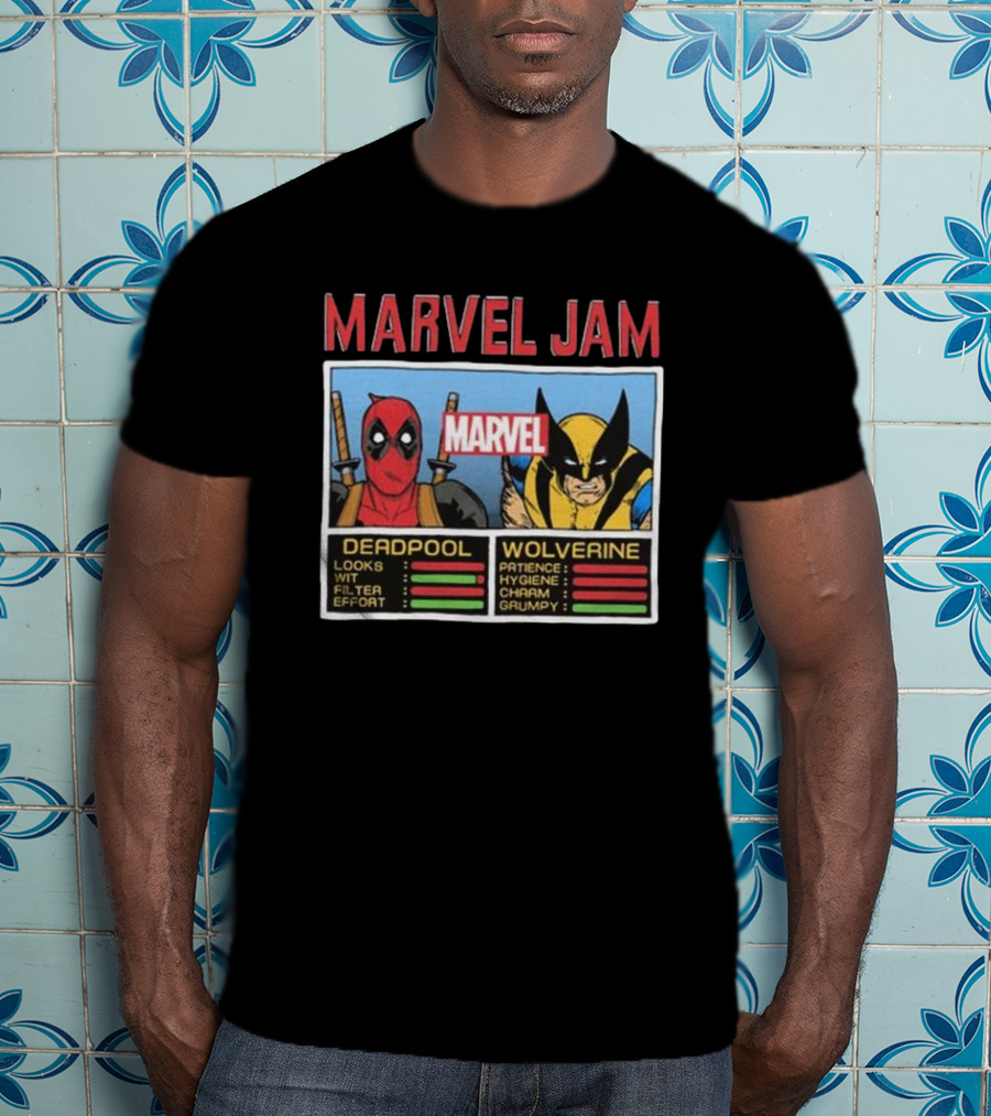 Deadpool Wolverine Marvel Jam Comic Character Stats T-Shirt