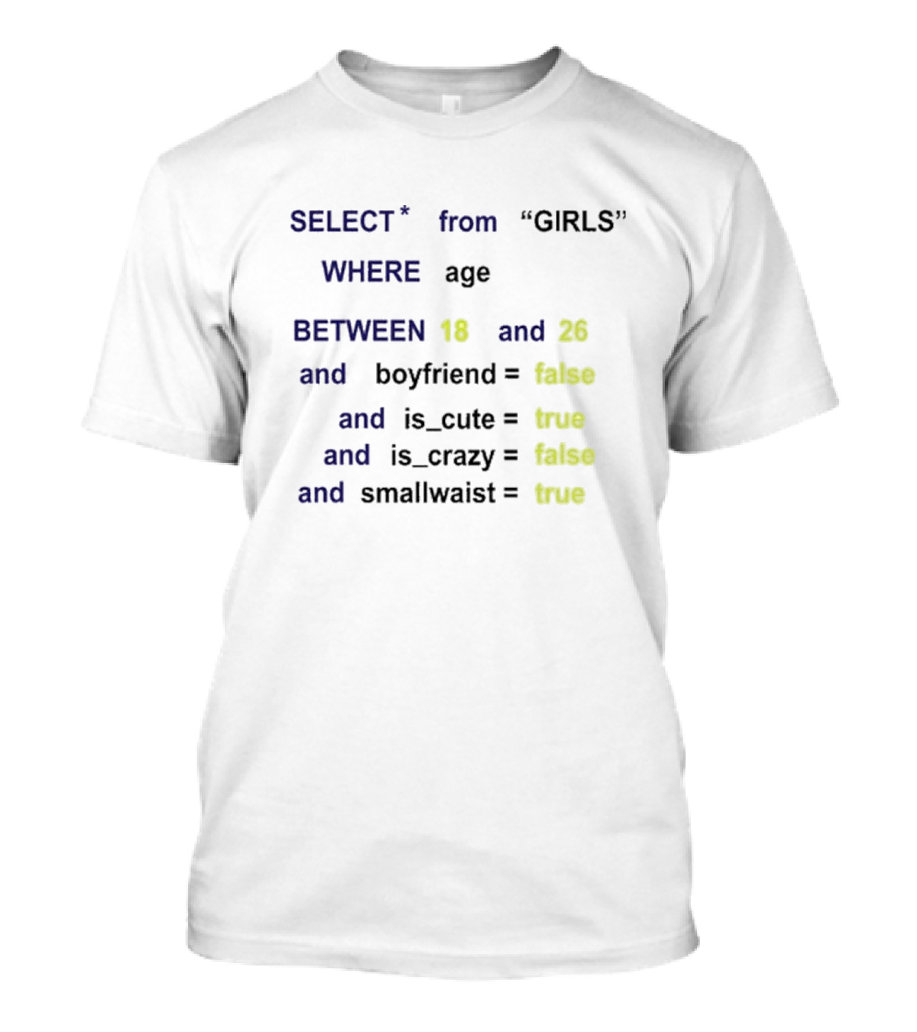 Funny SQL Query Select From GIRLS Where Age Between 18 And 26 Boyfriend False Is Cute True Is Crazy False Smallwaist True T-Shirt