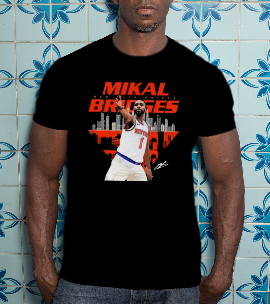 Mikal Bridges New York Knicks Skyline Signature Number 1 T-Shirt