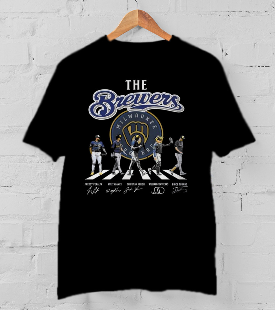 Milwaukee Brewers True Fan Baseball Legends Freddy Peralta Willy Adames Christian Yelich William Contreras Brice Turang Abbey Road Signatures T-Shirt