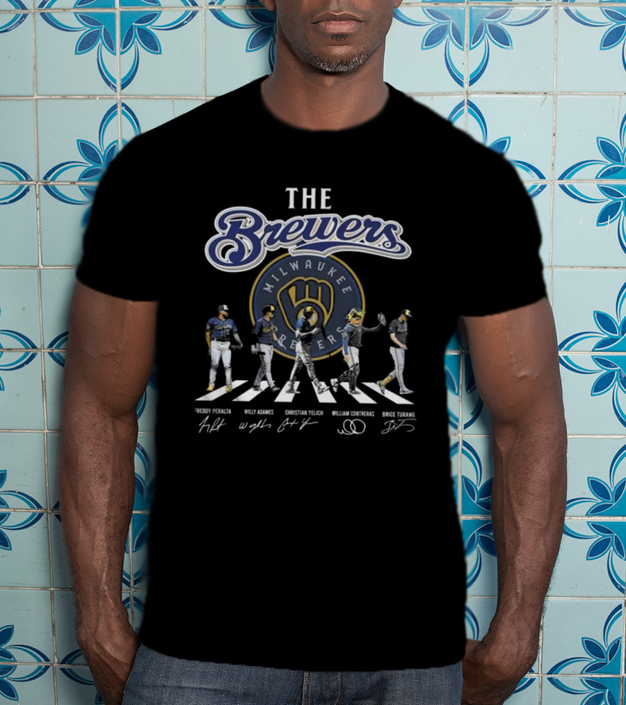 Milwaukee Brewers True Fan Baseball Legends Freddy Peralta Willy Adames Christian Yelich William Contreras Brice Turang Abbey Road Signatures T-Shirt