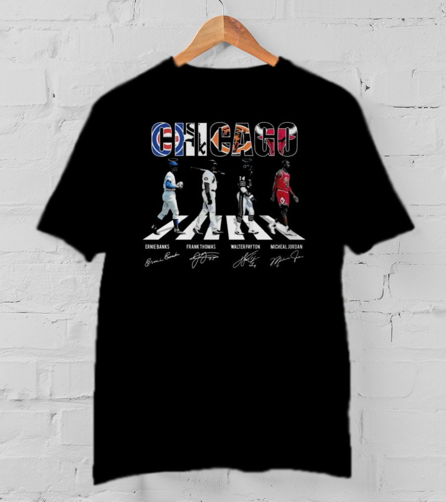 Chicago Sports Team Abbey Road Ernie Banks Frank Thomas Walter Payton Michael Jordan Signatures T-Shirt