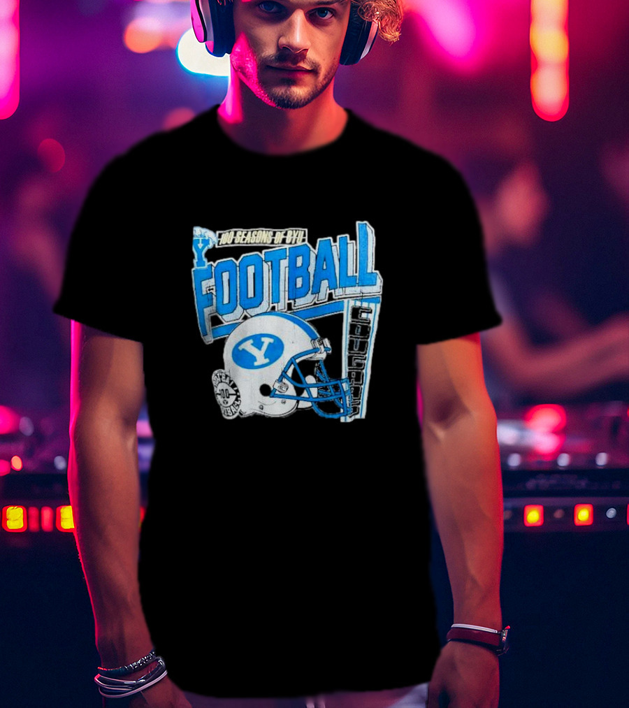 100 Seasons Of BYU Football Cougars Helmet Royal Army Brand T-Shirt