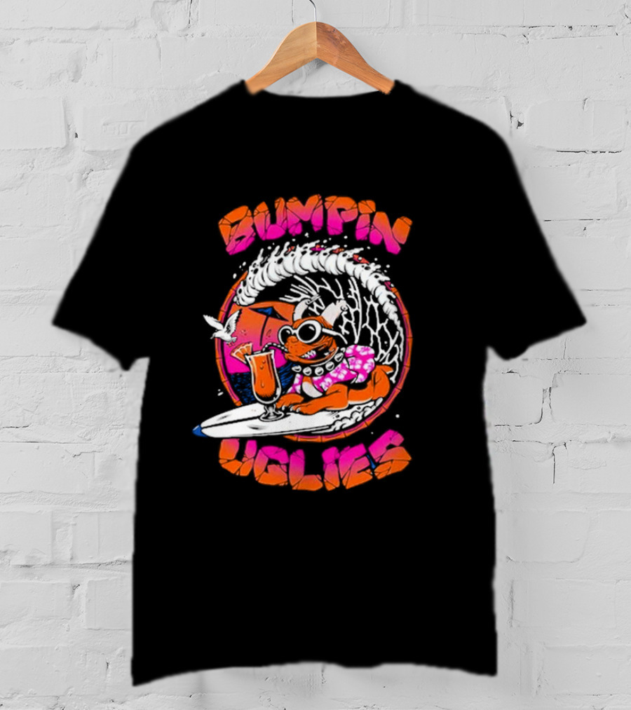 Bumpin Uglies Pug Riding Surf Wave With Cocktail And Sunglasses T-Shirt