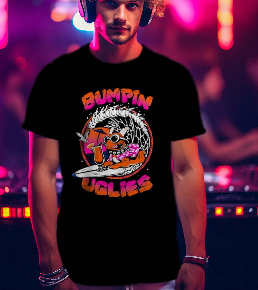 Bumpin Uglies Pug Riding Surf Wave With Cocktail And Sunglasses T-Shirt