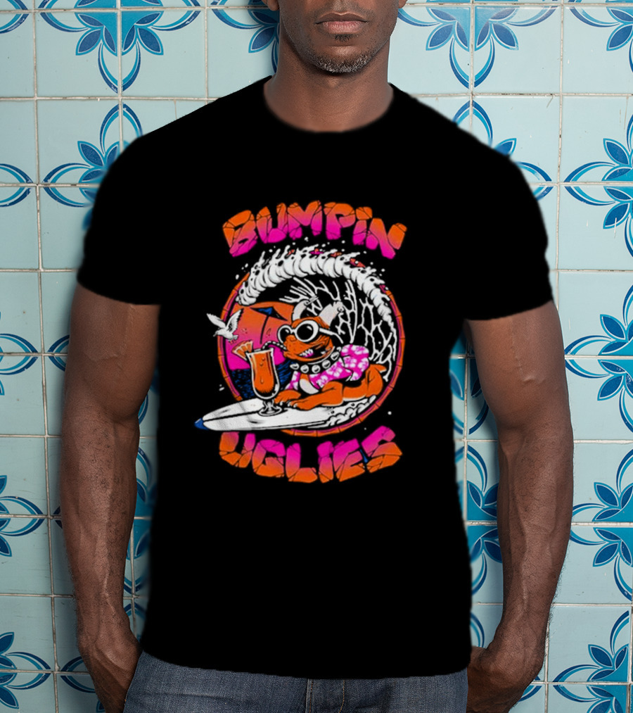 Bumpin Uglies Pug Riding Surf Wave With Cocktail And Sunglasses T-Shirt