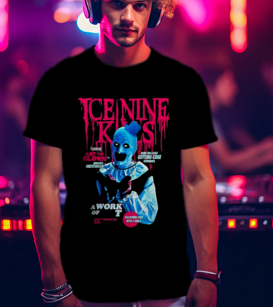 Ice Nine Kills Featuring Art The Clown Cutting Edge A Work Of T IX Delivering Cake With A Smile T-Shirt