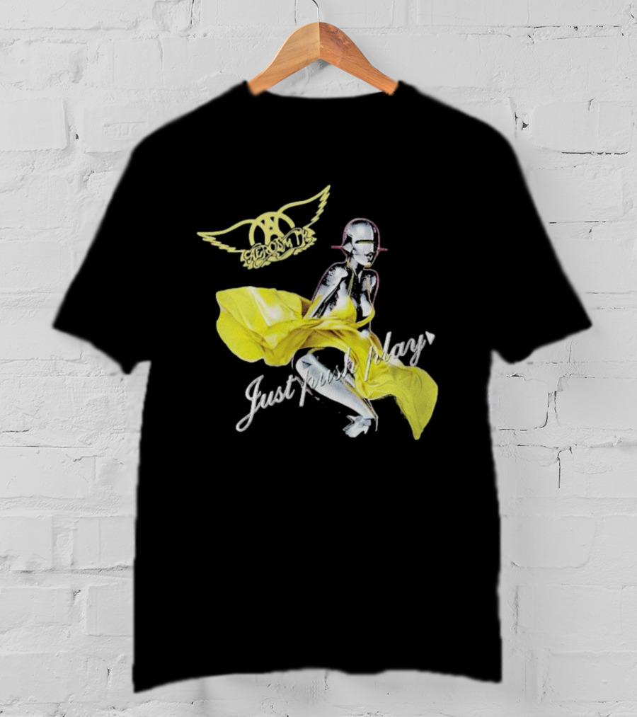 Aerosmith Just Push Play Logo With Futuristic Figure And Yellow Dress T-Shirt