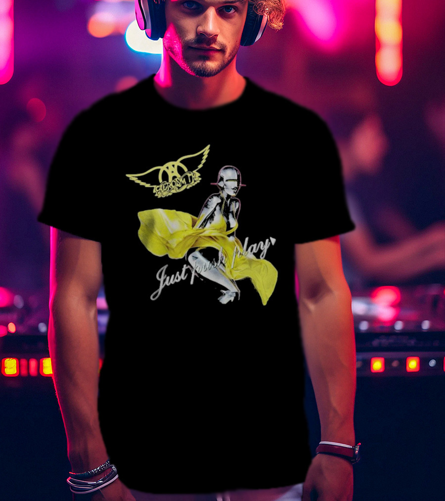 Aerosmith Just Push Play Logo With Futuristic Figure And Yellow Dress T-Shirt