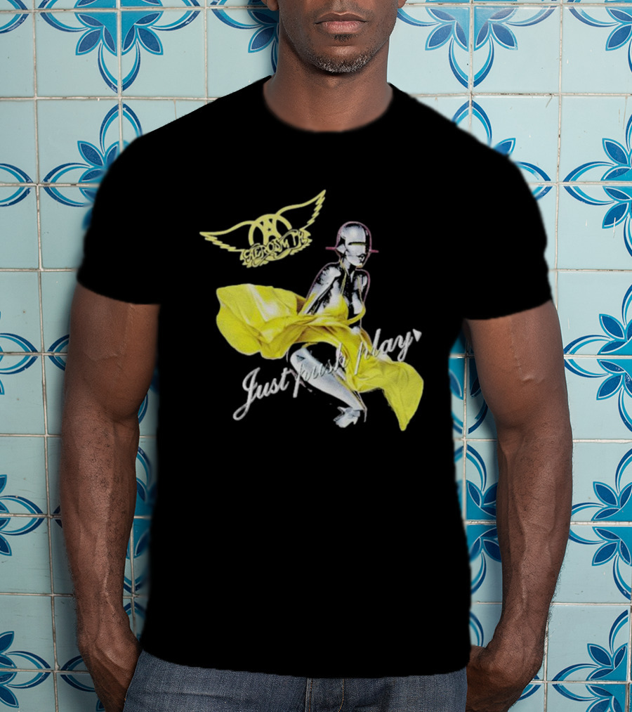 Aerosmith Just Push Play Logo With Futuristic Figure And Yellow Dress T-Shirt