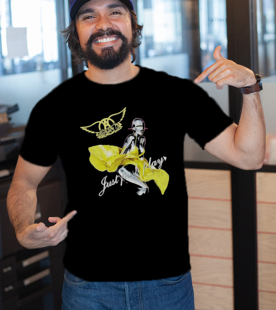 Aerosmith Just Push Play Logo With Futuristic Figure And Yellow Dress T-Shirt