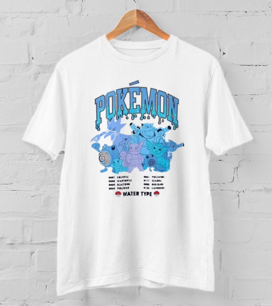 POKEMON Water Type Squirtle Wartortle Blastoise Poliwag Psyduck Golduck Poliwhirl Seadra Vaporeon T-Shirt