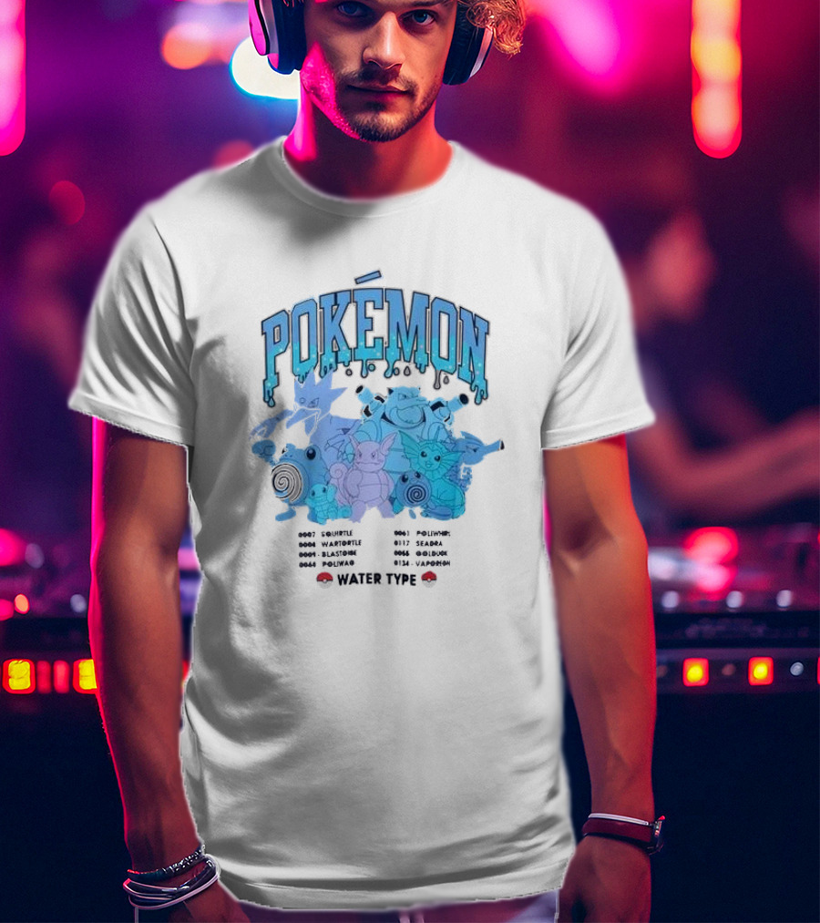 POKEMON Water Type Squirtle Wartortle Blastoise Poliwag Psyduck Golduck Poliwhirl Seadra Vaporeon T-Shirt
