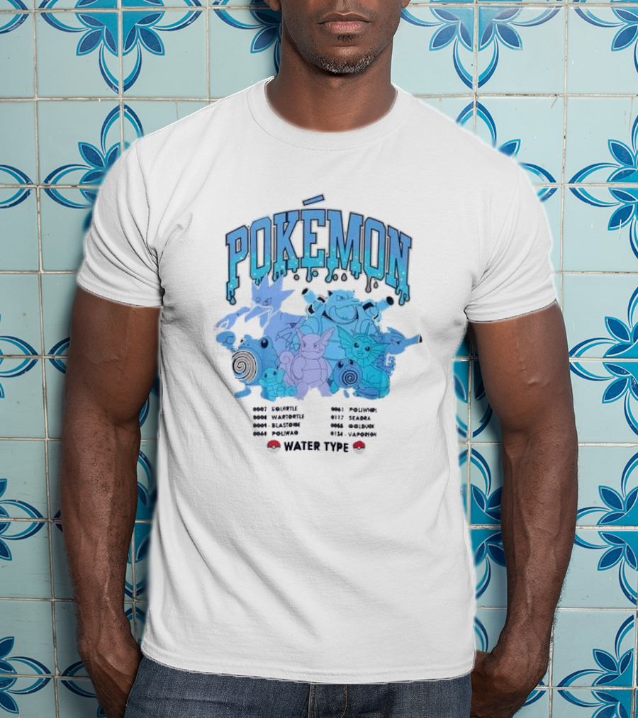 POKEMON Water Type Squirtle Wartortle Blastoise Poliwag Psyduck Golduck Poliwhirl Seadra Vaporeon T-Shirt