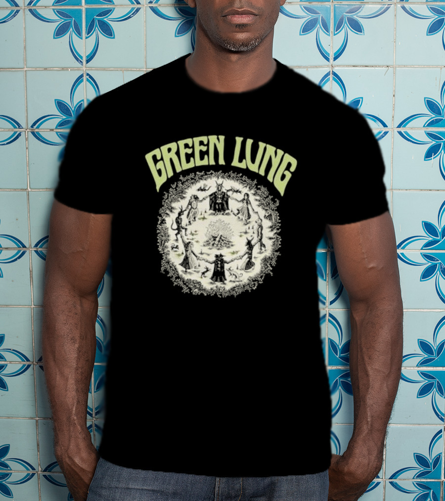 Green Lung Mystic Circle Ritual Scene With Figures And Central Fire T-Shirt
