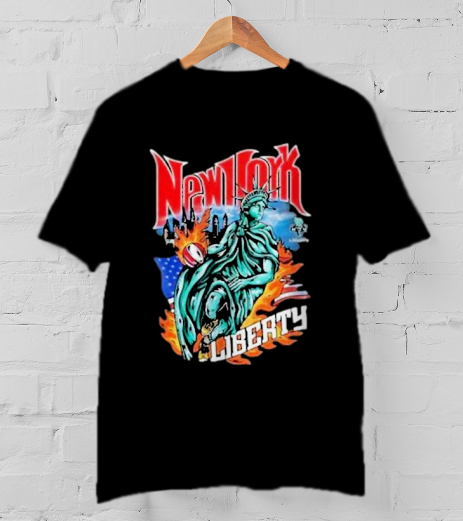 New York Liberty Statue Of Liberty With Flames And American Flag Basketball T-Shirt