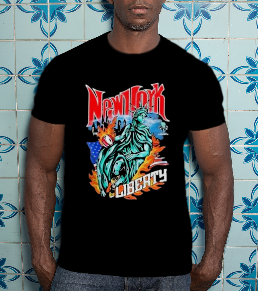 New York Liberty Statue Of Liberty With Flames And American Flag Basketball T-Shirt
