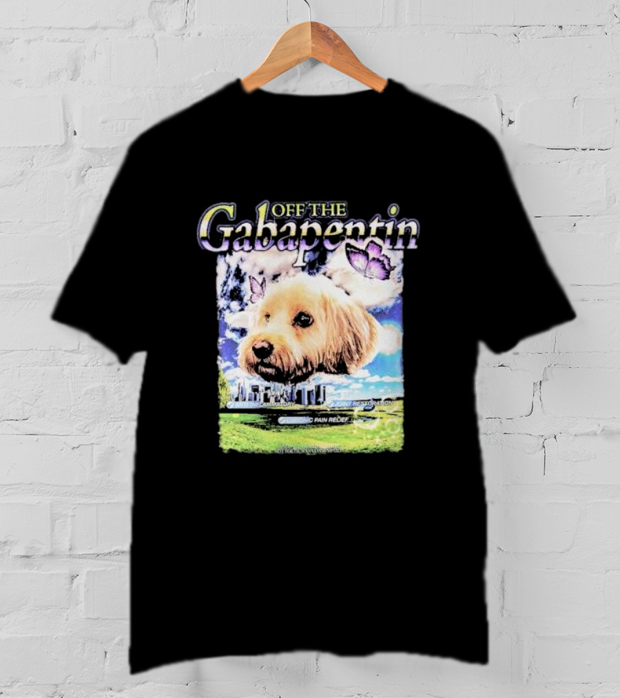 Off The Gabapentin Dog Floating Above Clouds And Stonehenge With Butterflies T-Shirt