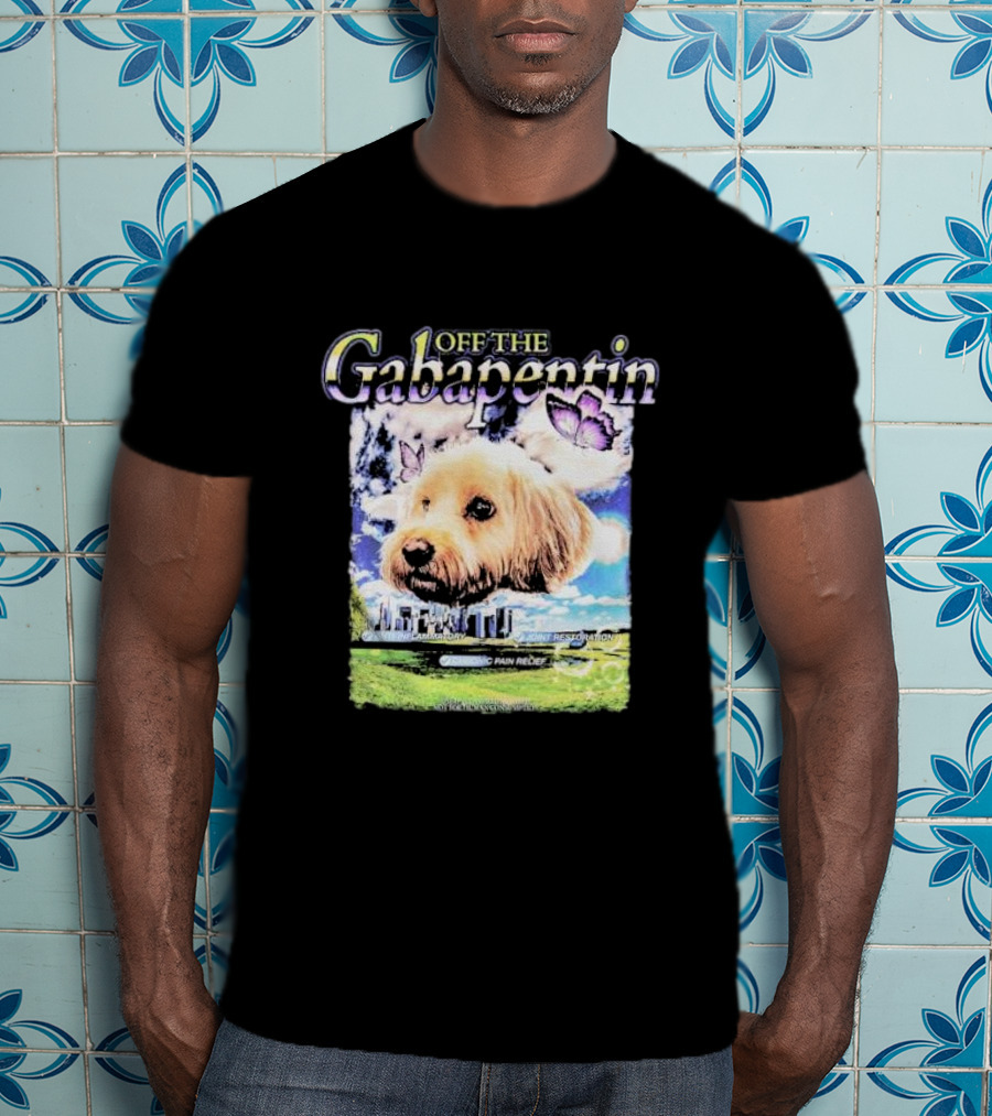 Off The Gabapentin Dog Floating Above Clouds And Stonehenge With Butterflies T-Shirt