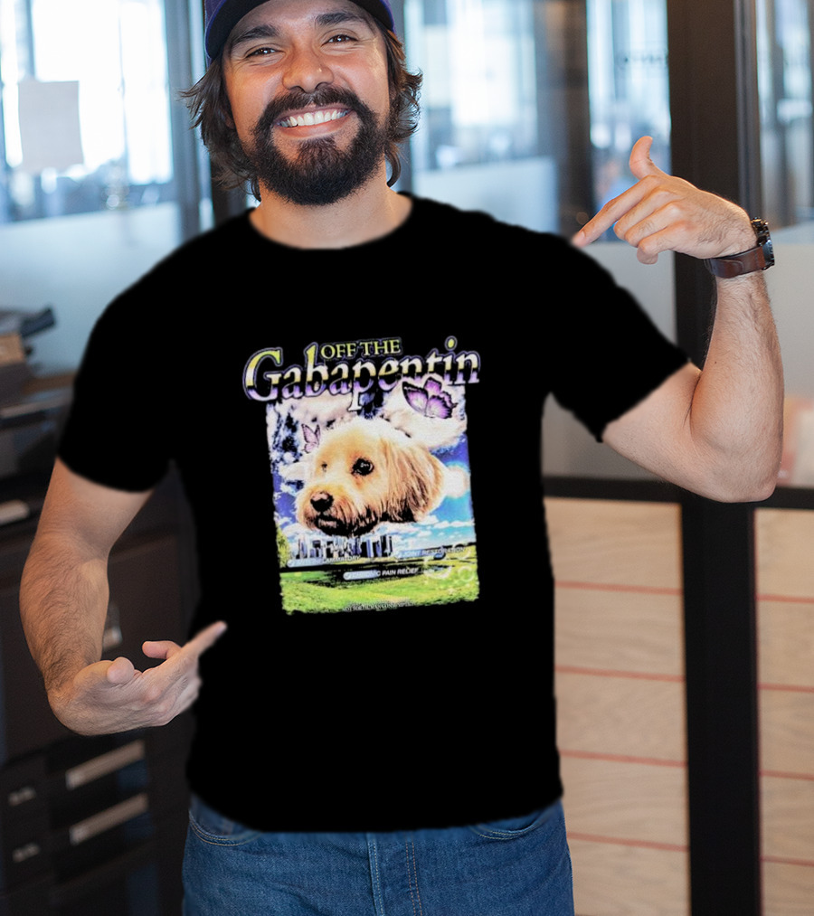 Off The Gabapentin Dog Floating Above Clouds And Stonehenge With Butterflies T-Shirt