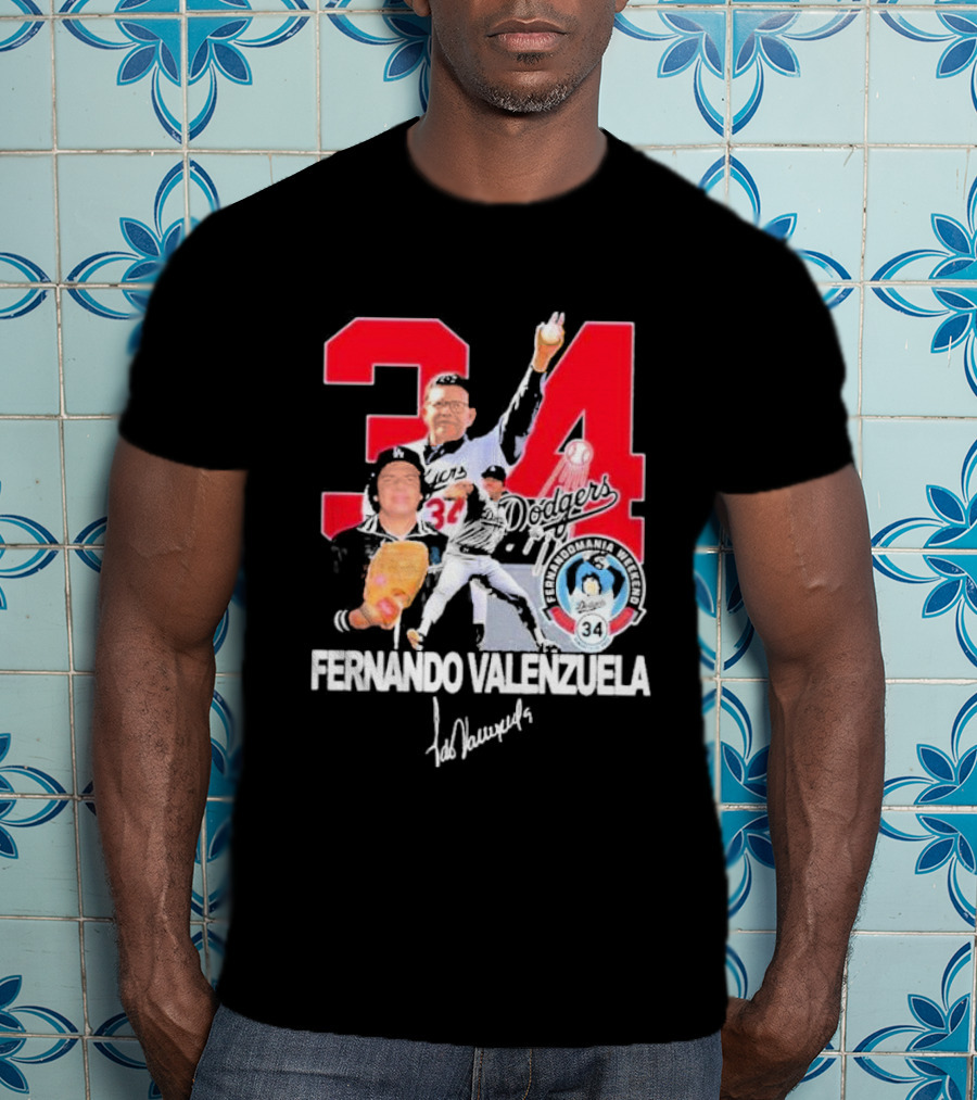 Fernando Valenzuela Dodgers 34 Legend Baseball Tecolomania Mexican 34 Signature T-Shirt