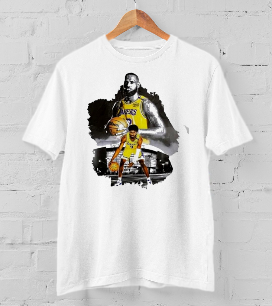 Lebron James Lakers Basketball Star In Action With Los Angeles Stadium Background T-Shirt
