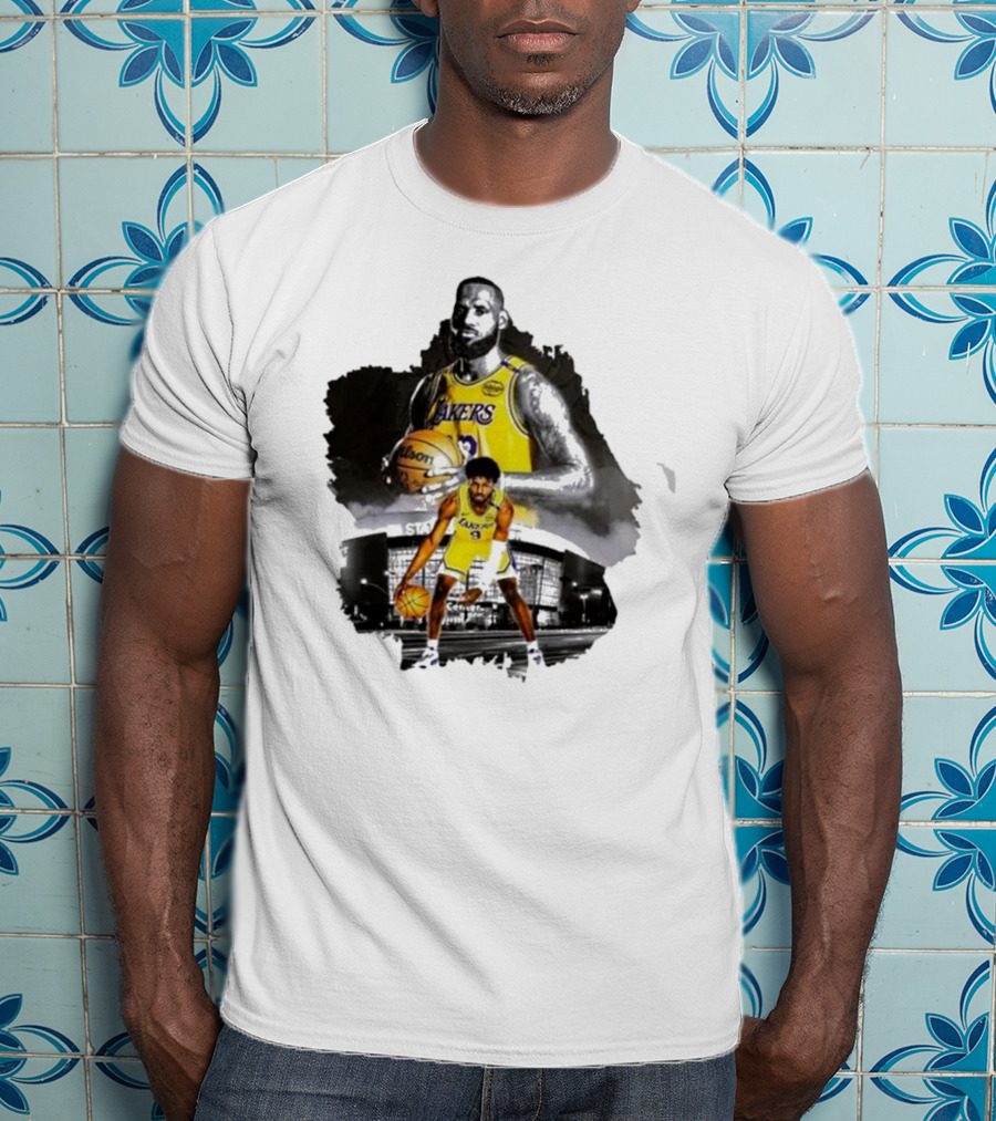 Lebron James Lakers Basketball Star In Action With Los Angeles Stadium Background T-Shirt