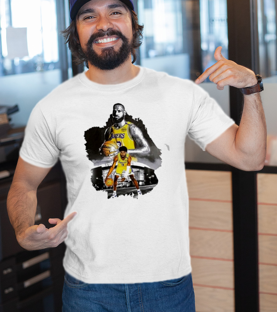 Lebron James Lakers Basketball Star In Action With Los Angeles Stadium Background T-Shirt