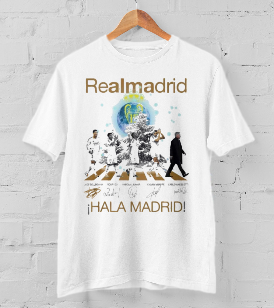 Real Madrid Hala Madrid Jude Bellingham Rodrygo Vinicius Junior Kylian Mbappe Carlo Ancelotti Signatures T-Shirt