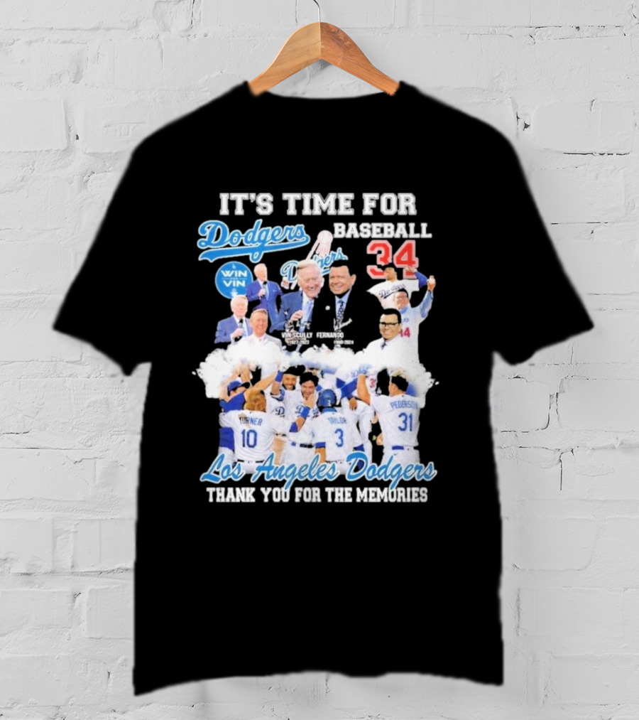 It's Time For Baseball Los Angeles Dodgers Vin Scully Fernando Valenzuela 34 Thank You For The Memories T-Shirt