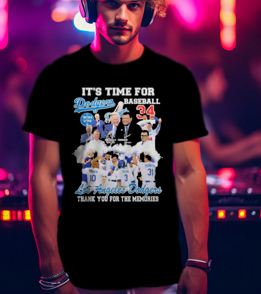 It's Time For Baseball Los Angeles Dodgers Vin Scully Fernando Valenzuela 34 Thank You For The Memories T-Shirt