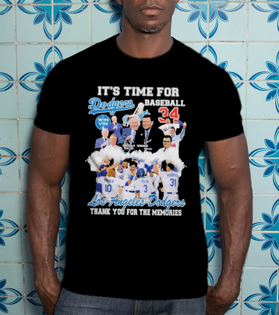 It's Time For Baseball Los Angeles Dodgers Vin Scully Fernando Valenzuela 34 Thank You For The Memories T-Shirt