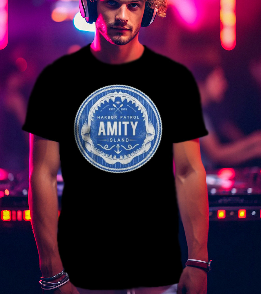 Amity Island Harbor Patrol ESTD 1975 Shark Jaw Anchor Badge T-Shirt