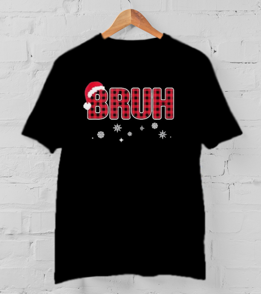 Bruh Christmas Pajamas Kids Teens Boys Red Plaid Santa Hat Snowflakes T-Shirt