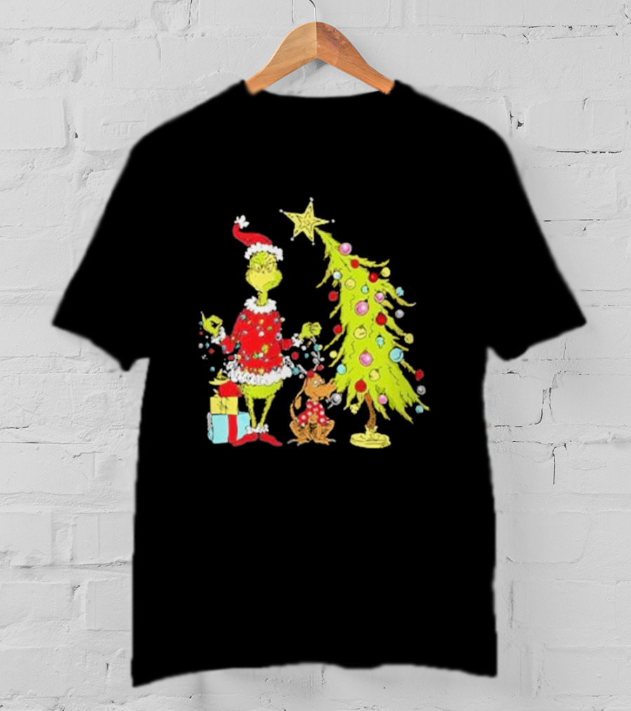 Grinch Christmas Tree With Santa Hat And Max By Presents T-Shirt